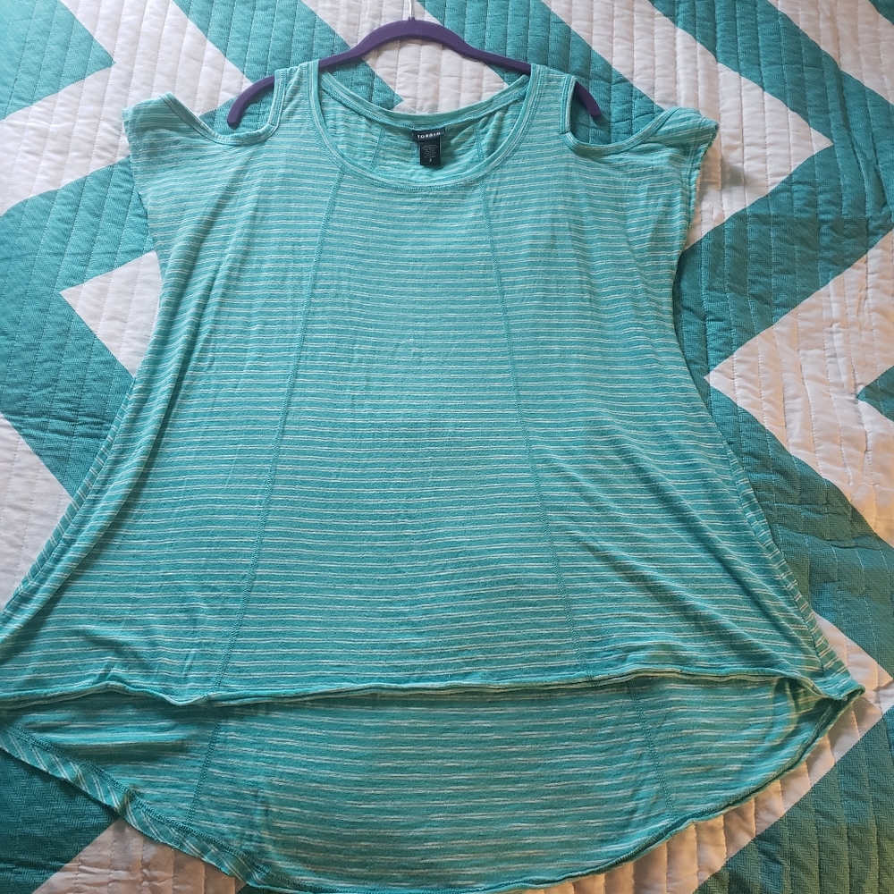 Torrid cold shoulder teal striped top